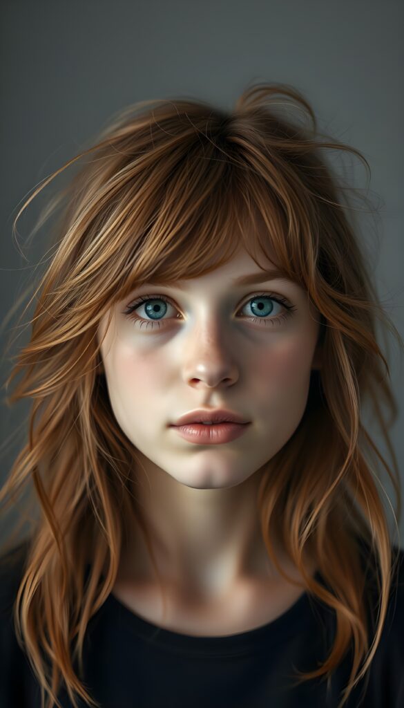 upper body portrait shot, a innocent teen girl with a round face, tousled, frizzy long copper hair, full lips and deep blue eyes, super realistic face, grey backdrop