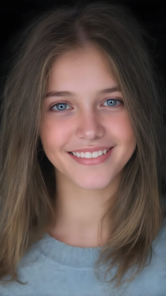 upper body portrait from a (((beautiful young girl, radiates a happiness, warm smile with white teeth))), age 17, with flowing, (((soft long straight brown hair))), gentle and inviting (((dark blue eyes))), that convey a sense of innocence and wonder, paired with delicate, ((almond skin)), which gives off a faintly pink glow, accompanied by full, softly rosy lips, that emit a warm, friendly smile. She is dressed in a sleek, ((blue sweater made of fine wool)), looks directly at the viewer in a (full body shot), exuding just the right amount of youthful charm, ((view from the side))