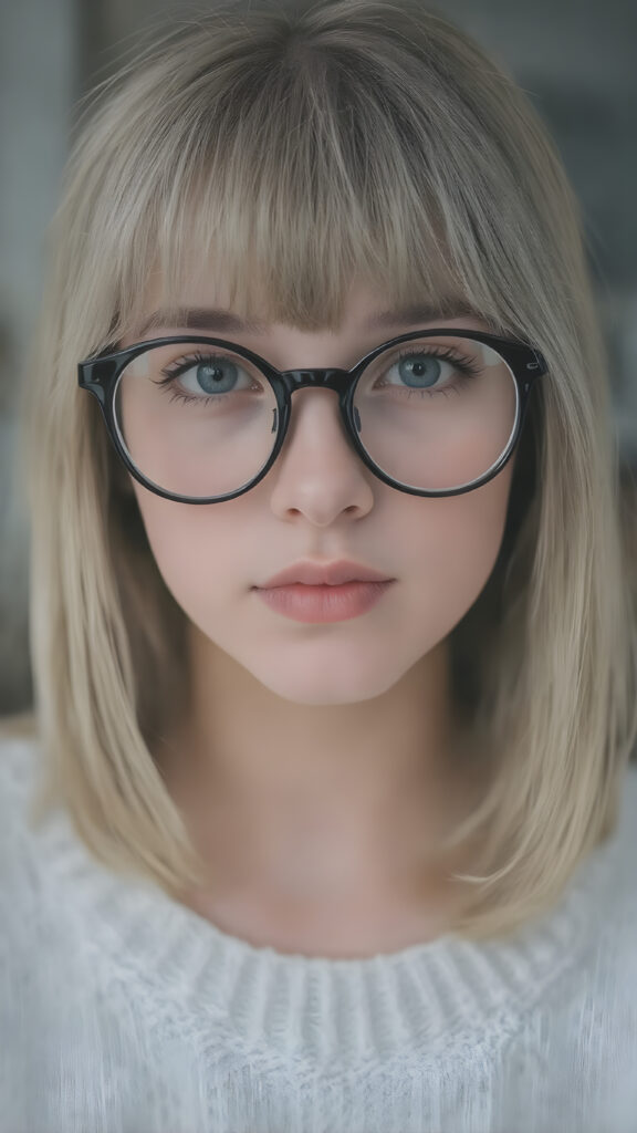 upper body portrait, a cute innocent nerd teen girl, she wears round black glasses, detailed straight soft hair, bangs and bob cut frame her face, perfect curved body, ((stunning)) ((gorgeous)) ((realistic, detailed)) ((cinemaic lights)), she wears a fine sweater made of white wool