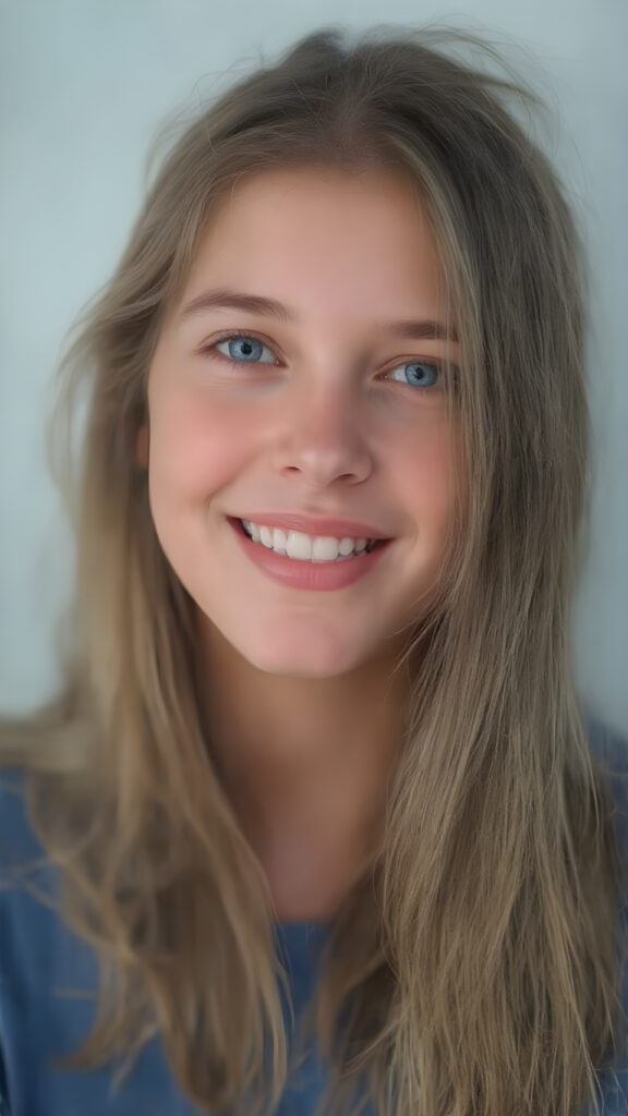 upper body portrait from a (((beautiful young girl, radiates a happiness, warm smile with white teeth))), age 17, with flowing, (((soft long straight brown hair))), gentle and inviting (((dark blue eyes))), that convey a sense of innocence and wonder, paired with delicate, ((almond skin)), which gives off a faintly pink glow, accompanied by full, softly rosy lips, that emit a warm, friendly smile. She is dressed in a sleek, ((blue sweater made of fine wool)), looks directly at the viewer in a (full body shot), exuding just the right amount of youthful charm, ((view from the side))