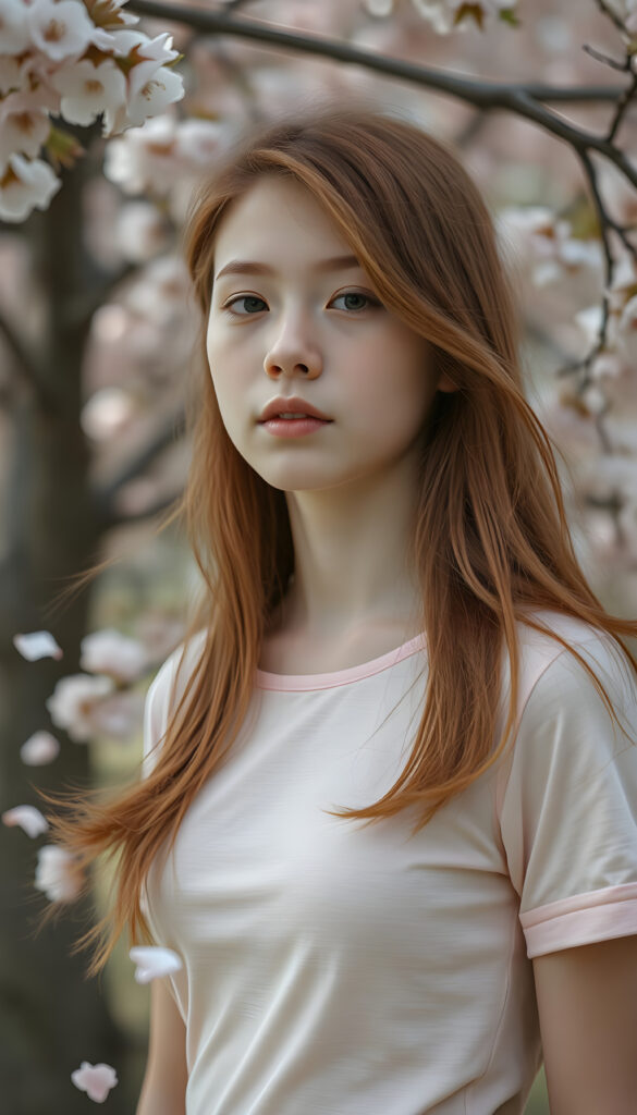 upper-body portrait, a whimsical scene featuring a serene red-haired teen girl with straight hair flowing gently in the breeze, dressed in a delicate light pink, fitted t-shirt adorned with subtle lace details. She is posing, surrounded by blooming cherry blossom trees, with petals drifting gracefully around her. Her expression radiates innocence and curiosity, capturing the essence of a dreamy spring afternoon, reminiscent of a watercolor painting in the style of Claude Monet.