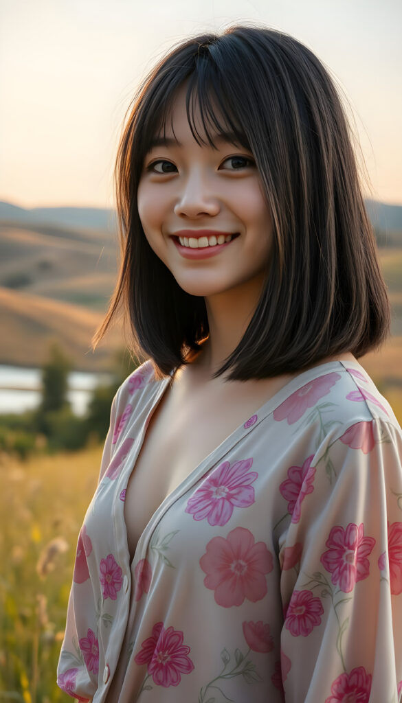 upper body portrait from a young Asian teenage girl well busty with straight shoulder length obsidian black hair and white highlights, bob cut and flawless skin stands in a sunlit meadow, wearing a vibrant, floral-patterned shirt that billows gently in the breeze, deep n-neck. Her eyes sparkle with joy, and her smile is warm and inviting. Behind her, a picturesque landscape unfolds, with rolling hills, a crystal-clear lake, and a soft, golden sunset painting the sky with hues of orange and pink. The scene is imbued with a sense of serenity and happiness, capturing the essence of a perfect summer day.