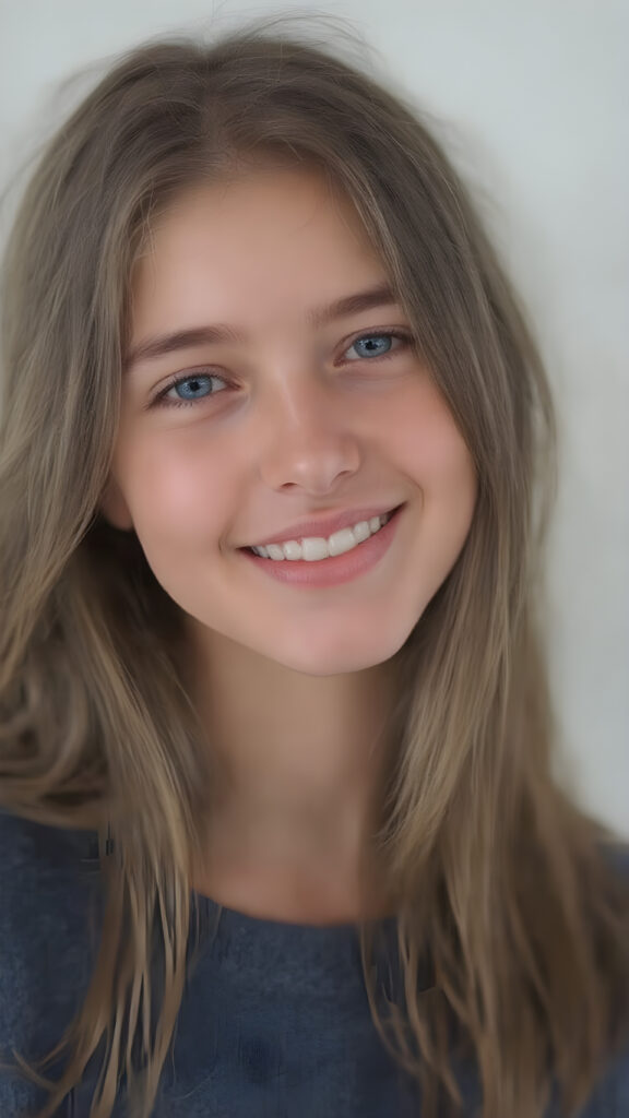upper body portrait from a (((beautiful young girl, radiates a happiness, warm smile with white teeth))), age 17, with flowing, (((soft long straight brown hair))), gentle and inviting (((dark blue eyes))), that convey a sense of innocence and wonder, paired with delicate, ((almond skin)), which gives off a faintly pink glow, accompanied by full, softly rosy lips, that emit a warm, friendly smile. She is dressed in a sleek, ((blue sweater made of fine wool)), looks directly at the viewer in a (full body shot), exuding just the right amount of youthful charm, ((view from the side))