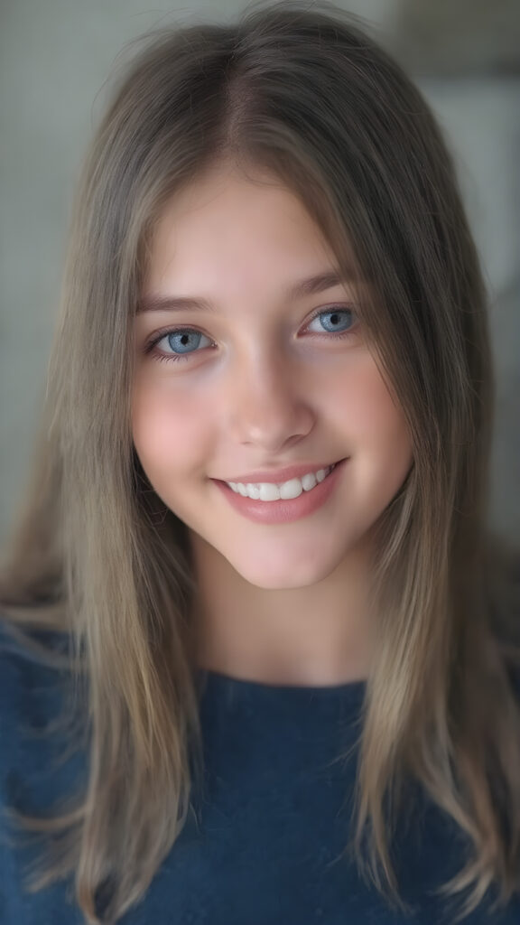 upper body portrait from a (((beautiful young girl, radiates a happiness, warm smile with white teeth))), age 17, with flowing, (((soft long straight brown hair))), gentle and inviting (((dark blue eyes))), that convey a sense of innocence and wonder, paired with delicate, ((almond skin)), which gives off a faintly pink glow, accompanied by full, softly rosy lips, that emit a warm, friendly smile. She is dressed in a sleek, ((blue sweater made of fine wool)), looks directly at the viewer in a (full body shot), exuding just the right amount of youthful charm, ((view from the side))