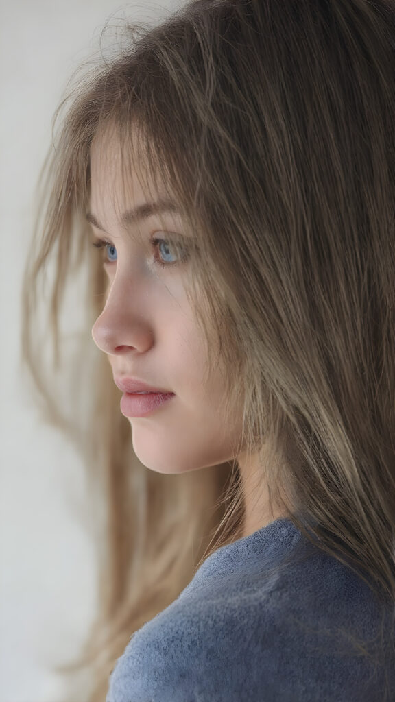 upper body portrait from a (((beautiful young girl))), age 17, with flowing, (((soft long straight brown hair))), that convey a sense of innocence and wonder, paired with delicate, ((almond skin)), which gives off a faintly pink glow. She is dressed in a sleek, ((blue sweater made of fine wool)), exuding just the right amount of youthful charm, ((view from the side))