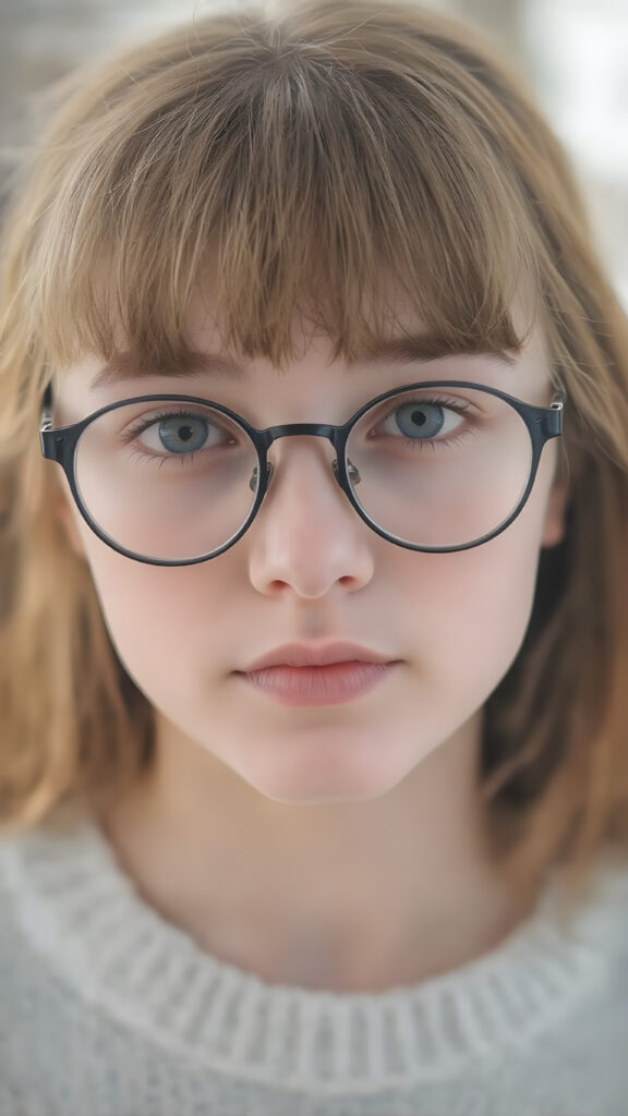 upper body portrait, a cute innocent silver skinned nerd girl, she wears round black glasses, detailed straight soft red amber hair, bangs frame her face, perfect curved body, ((stunning)) ((gorgeous)) ((realistic, detailed)) ((cinemaic lights)), she wears a fine sweater made of white wool