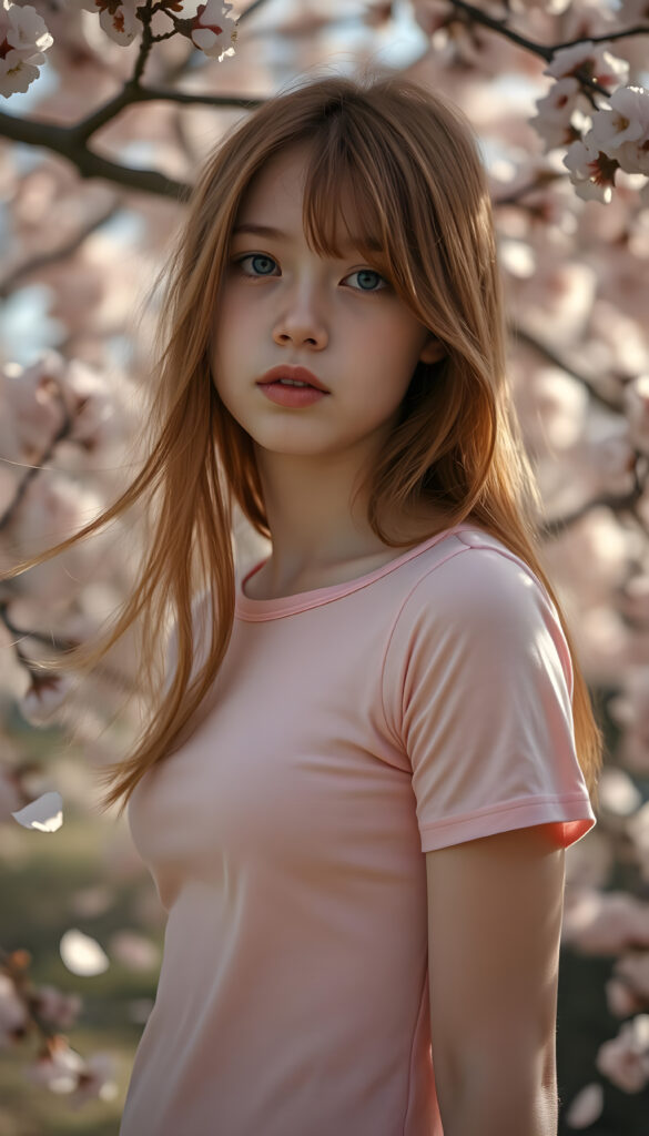 upper-body portrait, a whimsical scene featuring a serene red-haired teen girl with straight hair flowing gently in the breeze, dressed in a delicate light pink, fitted t-shirt adorned with subtle lace details. She is posing, surrounded by blooming cherry blossom trees, with petals drifting gracefully around her. Her expression radiates innocence and curiosity, capturing the essence of a dreamy spring afternoon, reminiscent of a watercolor painting in the style of Claude Monet.