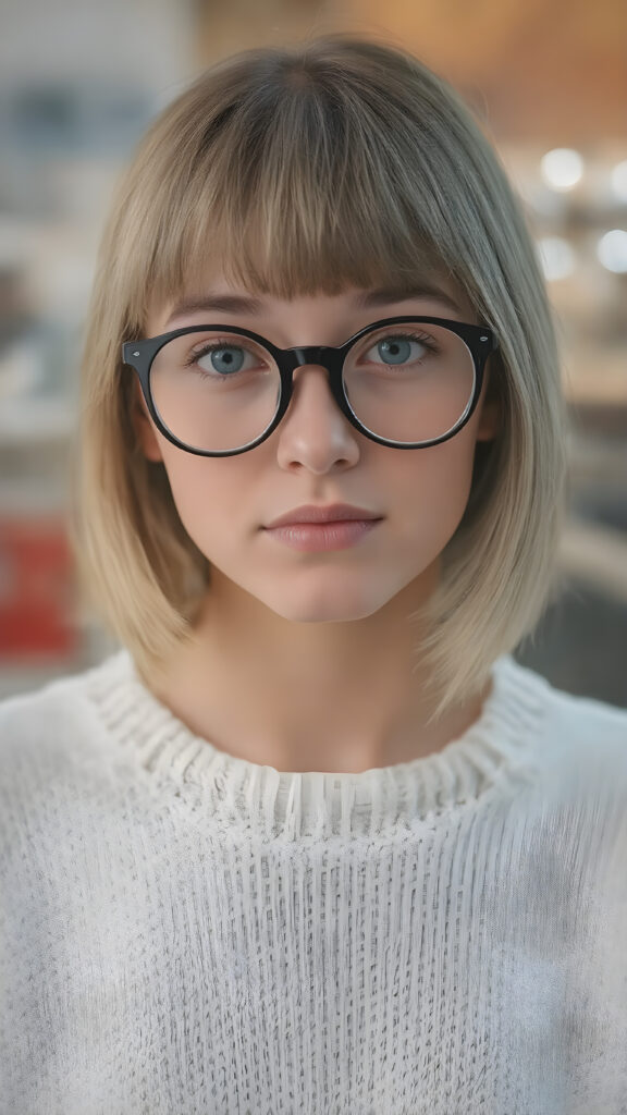 upper body portrait, a cute innocent nerd teen girl, she wears round black glasses, detailed straight soft hair, bangs and bob cut frame her face, perfect curved body, ((stunning)) ((gorgeous)) ((realistic, detailed)) ((cinemaic lights)), she wears a fine sweater made of white wool