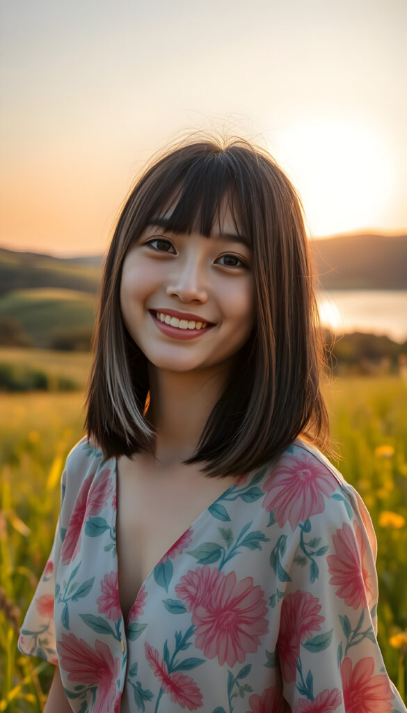 upper body portrait from a young Asian teenage girl well busty with straight shoulder length obsidian black hair and white highlights, bob cut and flawless skin stands in a sunlit meadow, wearing a vibrant, floral-patterned shirt that billows gently in the breeze, deep n-neck. Her eyes sparkle with joy, and her smile is warm and inviting. Behind her, a picturesque landscape unfolds, with rolling hills, a crystal-clear lake, and a soft, golden sunset painting the sky with hues of orange and pink. The scene is imbued with a sense of serenity and happiness, capturing the essence of a perfect summer day.