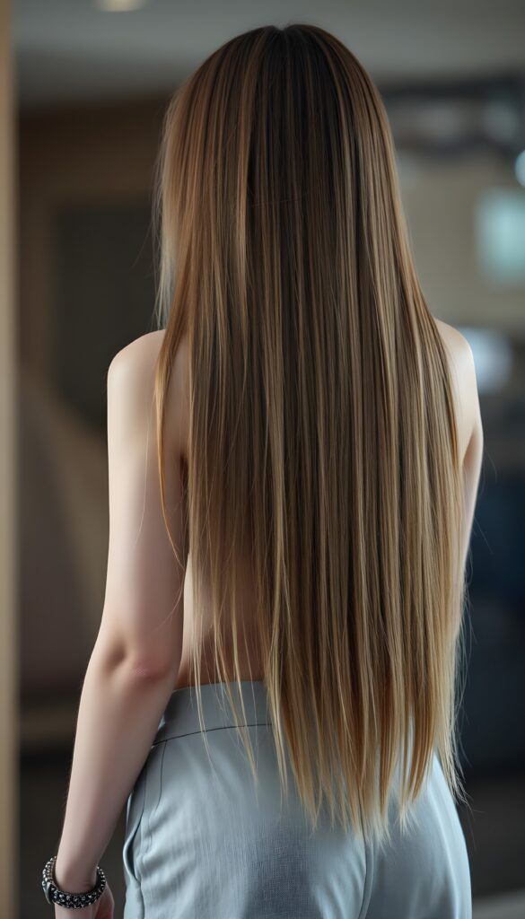 upper body portrait from a young teen girl, perfect curved female body, her long straight hair that falls down to her back like a waterfall, view from the back, short round light grey mini skirt.