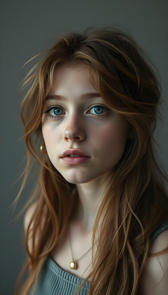 upper body portrait shot, a innocent teen girl with a round face, tousled, frizzy long copper hair, full lips and deep blue eyes, super realistic face, grey backdrop