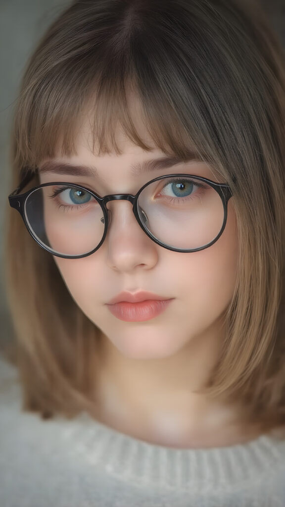 upper body portrait, a cute innocent nerd teen girl, she wears round black glasses, detailed straight soft hair, bangs and bob cut frame her face, perfect curved body, ((stunning)) ((gorgeous)) ((realistic, detailed)) ((cinemaic lights)), she wears a fine sweater made of white wool