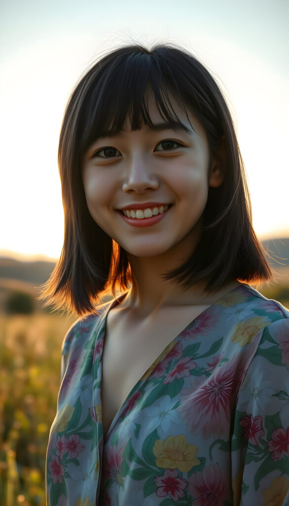 upper body portrait from a young Asian teenage girl well busty with straight shoulder length obsidian black hair and white highlights, bob cut and flawless skin stands in a sunlit meadow, wearing a vibrant, floral-patterned shirt that billows gently in the breeze, deep n-neck. Her eyes sparkle with joy, and her smile is warm and inviting. Behind her, a picturesque landscape unfolds, with rolling hills, a crystal-clear lake, and a soft, golden sunset painting the sky with hues of orange and pink. The scene is imbued with a sense of serenity and happiness, capturing the essence of a perfect summer day.