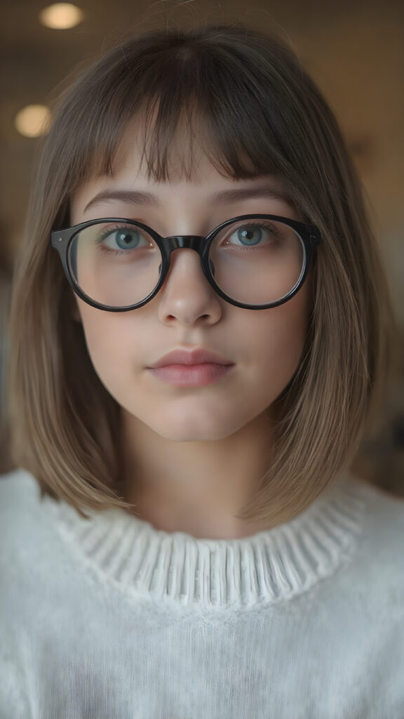 upper body portrait, a cute innocent nerd teen girl, she wears round black glasses, detailed straight soft hair, bangs and bob cut frame her face, perfect curved body, ((stunning)) ((gorgeous)) ((realistic, detailed)) ((cinemaic lights)), she wears a fine sweater made of white wool