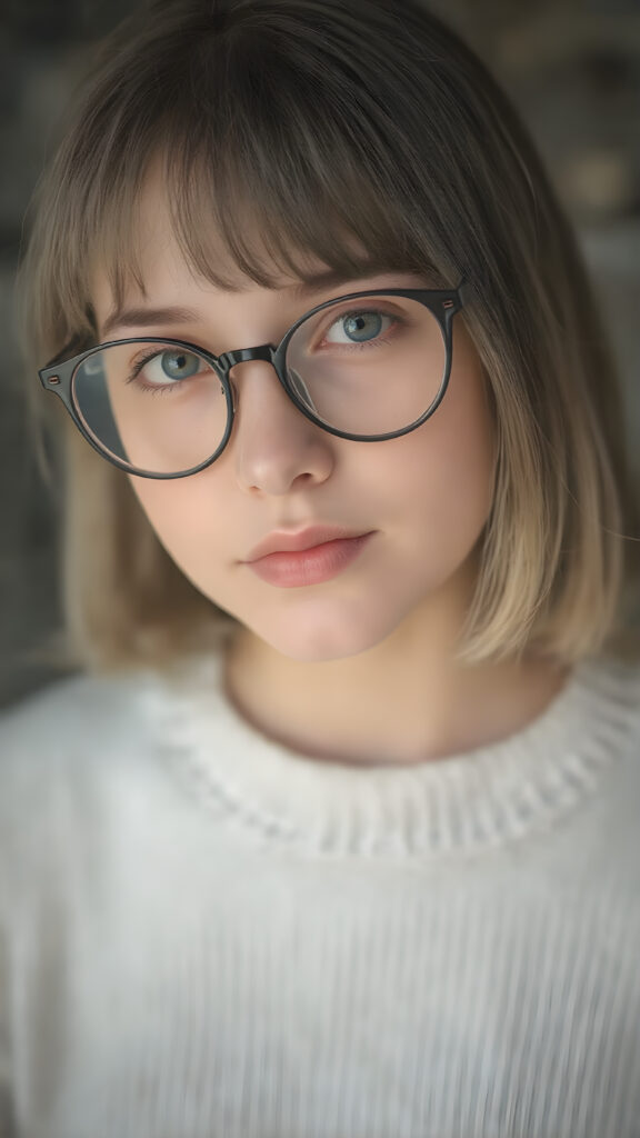 upper body portrait, a cute innocent nerd teen girl, she wears round black glasses, detailed straight soft hair, bangs and bob cut frame her face, perfect curved body, ((stunning)) ((gorgeous)) ((realistic, detailed)) ((cinemaic lights)), she wears a fine sweater made of white wool