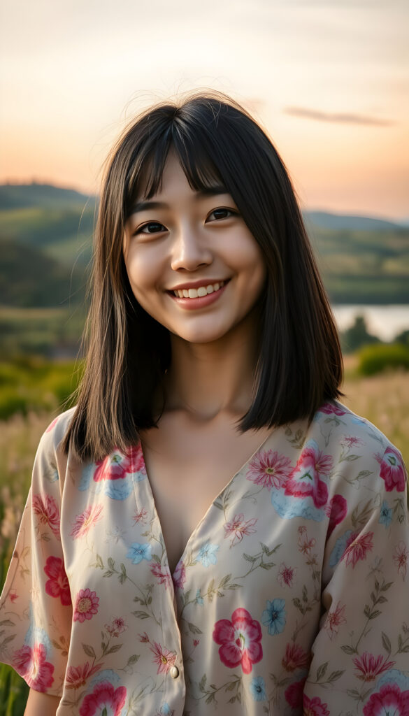 upper body portrait from a young Asian teenage girl well busty with straight shoulder length obsidian black hair and white highlights, bob cut and flawless skin stands in a sunlit meadow, wearing a vibrant, floral-patterned shirt that billows gently in the breeze, deep n-neck. Her eyes sparkle with joy, and her smile is warm and inviting. Behind her, a picturesque landscape unfolds, with rolling hills, a crystal-clear lake, and a soft, golden sunset painting the sky with hues of orange and pink. The scene is imbued with a sense of serenity and happiness, capturing the essence of a perfect summer day.