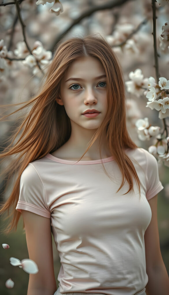 upper-body portrait, a whimsical scene featuring a serene red-haired teen girl with straight hair flowing gently in the breeze, dressed in a delicate light pink, fitted t-shirt adorned with subtle lace details. She is posing, surrounded by blooming cherry blossom trees, with petals drifting gracefully around her. Her expression radiates innocence and curiosity, capturing the essence of a dreamy spring afternoon, reminiscent of a watercolor painting in the style of Claude Monet.