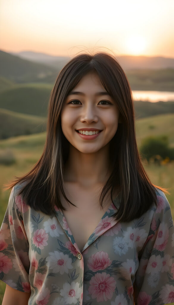 upper body portrait from a young Asian teenage girl well busty with straight shoulder length obsidian black hair and white highlights, bob cut and flawless skin stands in a sunlit meadow, wearing a vibrant, floral-patterned shirt that billows gently in the breeze, deep n-neck. Her eyes sparkle with joy, and her smile is warm and inviting. Behind her, a picturesque landscape unfolds, with rolling hills, a crystal-clear lake, and a soft, golden sunset painting the sky with hues of orange and pink. The scene is imbued with a sense of serenity and happiness, capturing the essence of a perfect summer day.