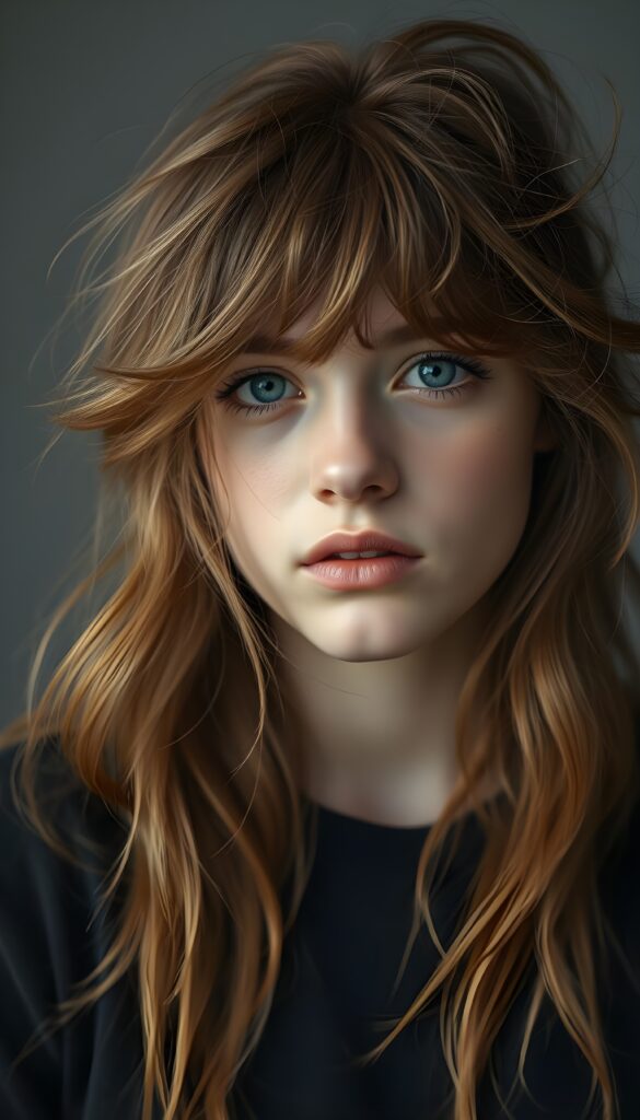 upper body portrait shot, a innocent teen girl with a round face, tousled, frizzy long copper hair, full lips and deep blue eyes, super realistic face, grey backdrop