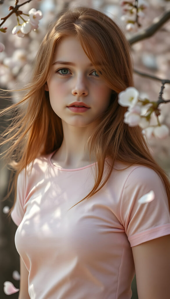 upper-body portrait, a whimsical scene featuring a serene red-haired teen girl with straight hair flowing gently in the breeze, dressed in a delicate light pink, fitted t-shirt adorned with subtle lace details. She is posing, surrounded by blooming cherry blossom trees, with petals drifting gracefully around her. Her expression radiates innocence and curiosity, capturing the essence of a dreamy spring afternoon, reminiscent of a watercolor painting in the style of Claude Monet.