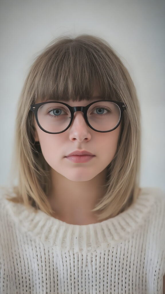upper body portrait, a cute innocent nerd teen girl, she wears round black glasses, detailed straight soft hair, bangs and bob cut frame her face, perfect curved body, ((stunning)) ((gorgeous)) ((realistic, detailed)) ((cinemaic lights)), she wears a fine sweater made of white wool