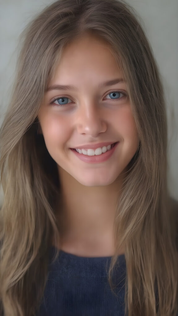 upper body portrait from a (((beautiful young girl, radiates a happiness, warm smile with white teeth))), age 17, with flowing, (((soft long straight brown hair))), gentle and inviting (((dark blue eyes))), that convey a sense of innocence and wonder, paired with delicate, ((almond skin)), which gives off a faintly pink glow, accompanied by full, softly rosy lips, that emit a warm, friendly smile. She is dressed in a sleek, ((blue sweater made of fine wool)), looks directly at the viewer in a (full body shot), exuding just the right amount of youthful charm, ((view from the side))