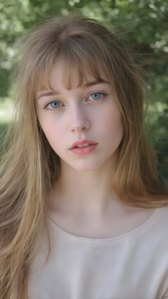 ((upper body shot, 1:3)) a girl, 20 years old, with light red amber soft straight long hair, bangs, she has her head tilted slightly to one side and looks at the viewer with her deep blue eyes. Her skin is flawless and she has full, plump red lips. Her eyes are dark, dark eyeliner and mascara. She has a youthful round head and her mouth is open, white teeth. She has an innocent look, realistic photo, she wears a thin oversized t-shirt, all against a natural backdrop in a green park, sunny, stunning, gorgeous, cute
