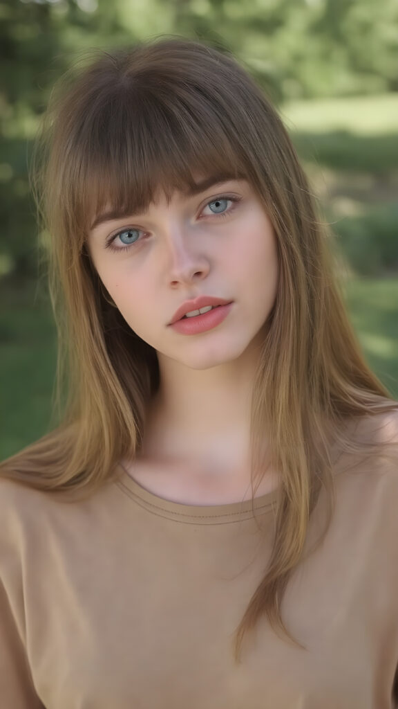 ((upper body shot, 1:3)) a girl, 20 years old, with light red amber soft straight long hair, bangs, she has her head tilted slightly to one side and looks at the viewer with her deep blue eyes. Her skin is flawless and she has full, plump red lips. Her eyes are dark, dark eyeliner and mascara. She has a youthful round head and her mouth is open, white teeth. She has an innocent look, realistic photo, she wears a thin oversized t-shirt, all against a natural backdrop in a green park, sunny, stunning, gorgeous, cute
