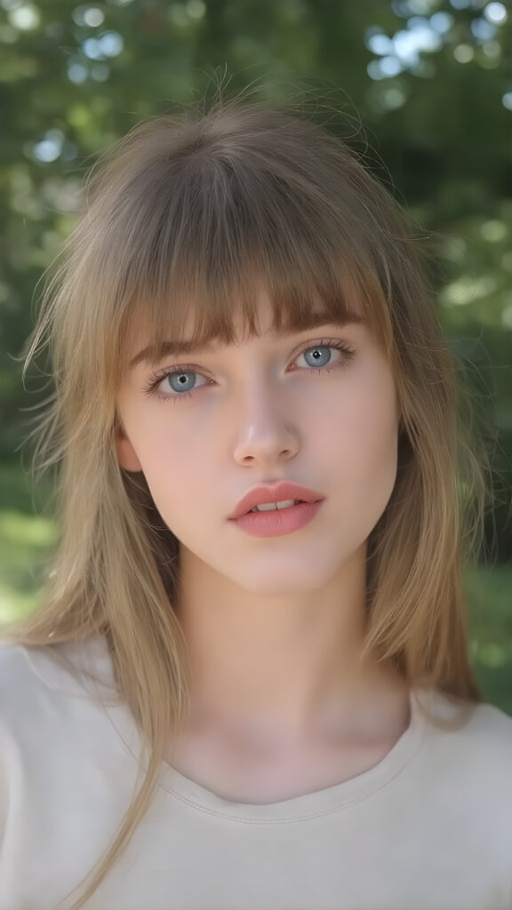 ((upper body shot, 1:3)) a girl, 20 years old, with light red amber soft straight long hair, bangs, she has her head tilted slightly to one side and looks at the viewer with her deep blue eyes. Her skin is flawless and she has full, plump red lips. Her eyes are dark, dark eyeliner and mascara. She has a youthful round head and her mouth is open, white teeth. She has an innocent look, realistic photo, she wears a thin oversized t-shirt, all against a natural backdrop in a green park, sunny, stunning, gorgeous, cute