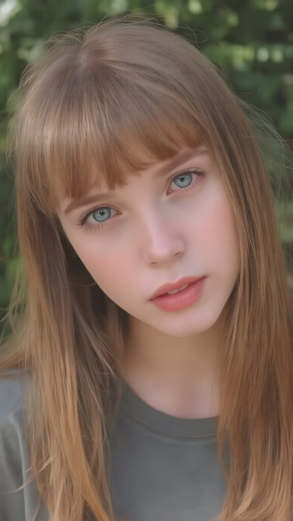 ((upper body shot, 1:3)) a girl, 20 years old, with light red amber soft straight long hair, bangs, she has her head tilted slightly to one side and looks at the viewer with her deep blue eyes. Her skin is flawless and she has full, plump red lips. Her eyes are dark, dark eyeliner and mascara. She has a youthful round head and her mouth is open, white teeth. She has an innocent look, realistic photo, she wears a thin oversized t-shirt, all against a natural backdrop in a green park, sunny, stunning, gorgeous, cute