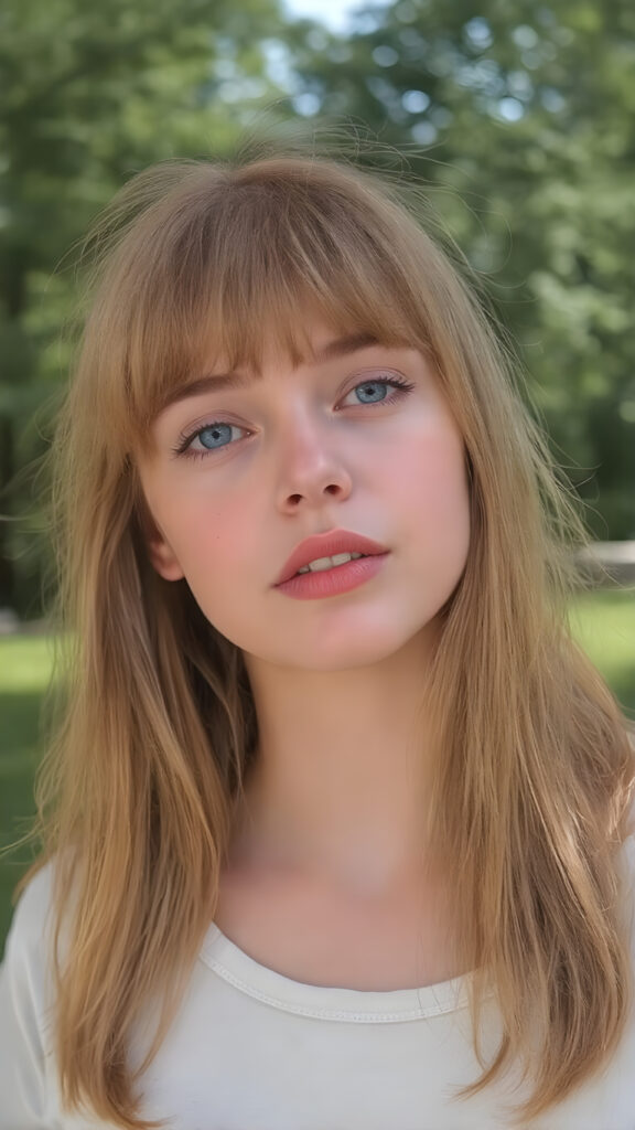 ((upper body shot, 1:3)) a girl, 20 years old, with light red amber soft straight long hair, bangs, she has her head tilted slightly to one side and looks at the viewer with her deep blue eyes. Her skin is flawless and she has full, plump red lips. Her eyes are dark, dark eyeliner and mascara. She has a youthful round head and her mouth is open, white teeth. She has an innocent look, realistic photo, she wears a thin oversized t-shirt, all against a natural backdrop in a green park, sunny, stunning, gorgeous, cute