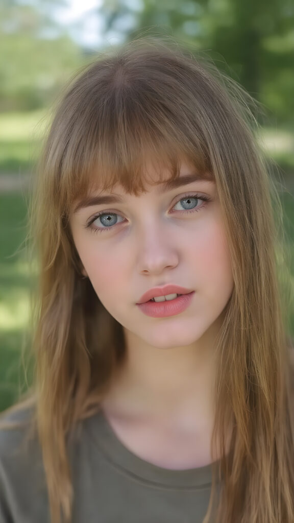 ((upper body shot, 1:3)) a girl, 20 years old, with light red amber soft straight long hair, bangs, she has her head tilted slightly to one side and looks at the viewer with her deep blue eyes. Her skin is flawless and she has full, plump red lips. Her eyes are dark, dark eyeliner and mascara. She has a youthful round head and her mouth is open, white teeth. She has an innocent look, realistic photo, she wears a thin oversized t-shirt, all against a natural backdrop in a green park, sunny, stunning, gorgeous, cute