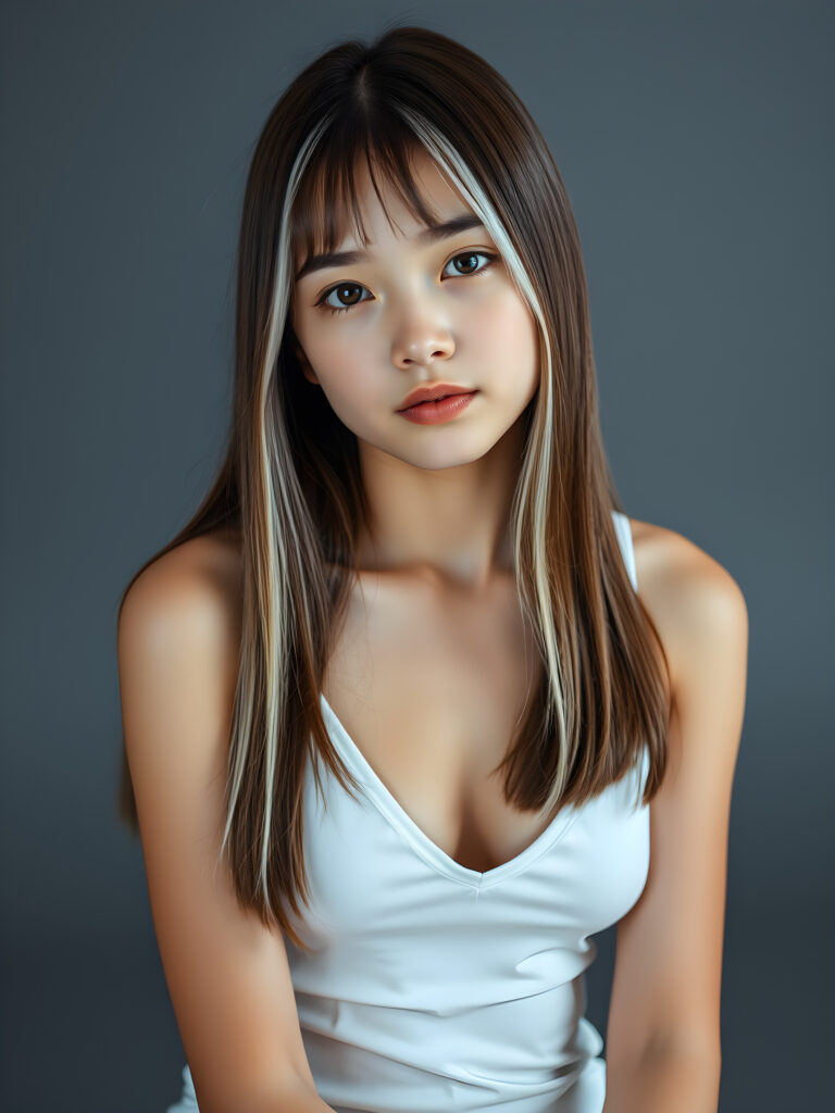 (upper body shot, seated) a young adult girl with straight, silky brown hair with white highlights, same length right and left, the hair falls elegant over her body, in a photo studio, her gentle expression conveying innocence. She is dressed in a white, tight-fitting camisole deep v-neck, that accentuates her perfect feminine body and that contrasts beautifully with the grey backdrop. Soft, diffused lighting highlights her features, creating a serene and timeless atmosphere. The studio's minimalist background ensures that the focus remains on her, enhancing the image's purity and tranquility