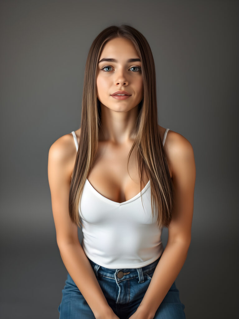 (upper body shot, seated) a young adult girl with straight, silky brown hair with white highlights, same length right and left, the hair falls elegant over her body, in a photo studio, her gentle expression conveying innocence. She is dressed in a white, tight-fitting camisole deep v-neck and wide open front that accentuates her perfect feminine body and that contrasts beautifully with the grey backdrop. She wears blue jeans pants. Soft, diffused lighting highlights her features, creating a serene and timeless atmosphere. The studio's minimalist background ensures that the focus remains on her, enhancing the image's purity and tranquility, view from above