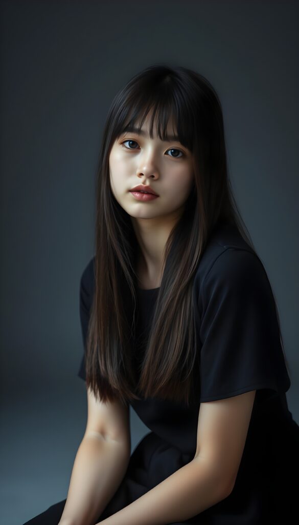 (upper body shot, seated) show me a innocent young girl, dark dressed, straight silky open fine hair, grey photo studio background. View from the front.