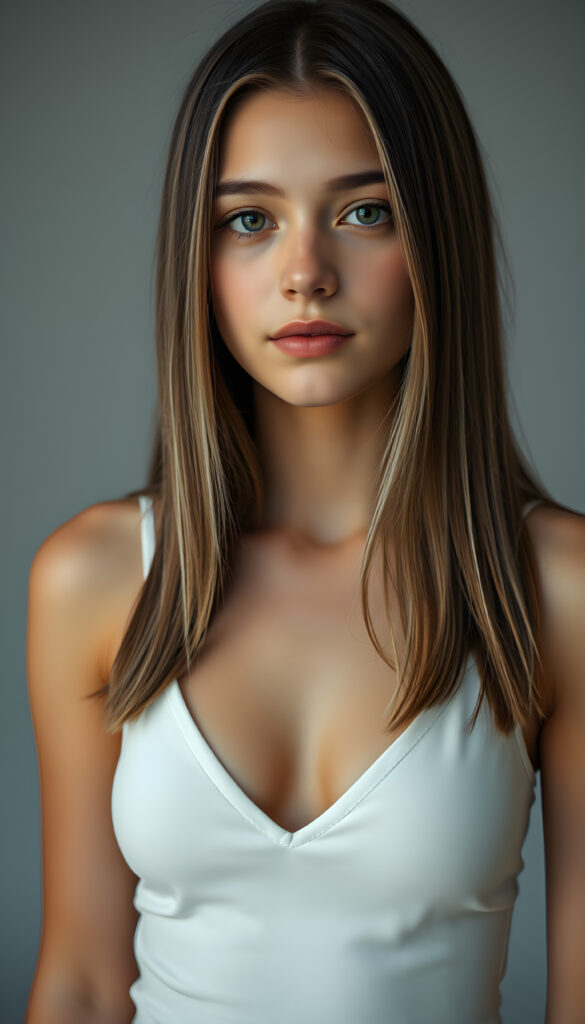 (upper body shot, seated) a young adult girl with straight, silky brown hair with white highlights, same length right and left, the hair falls elegant over her body, in a photo studio, her gentle expression conveying innocence. She is dressed in a white, tight-fitting camisole deep v-neck, that accentuates her perfect feminine body and that contrasts beautifully with the grey backdrop. Soft, diffused lighting highlights her features, creating a serene and timeless atmosphere. The studio's minimalist background ensures that the focus remains on her, enhancing the image's purity and tranquility