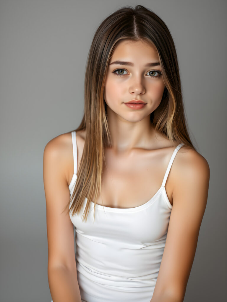 (upper body shot, seated) a young adult girl with straight, silky brown hair with white highlights, same length right and left, the hair falls elegant over her body, in a photo studio, her gentle expression conveying innocence. She is dressed in a white, tight-fitting camisole that accentuates her perfect feminine body and that contrasts beautifully with the grey backdrop. Soft, diffused lighting highlights her features, creating a serene and timeless atmosphere. The studio's minimalist background ensures that the focus remains on her, enhancing the image's purity and tranquility