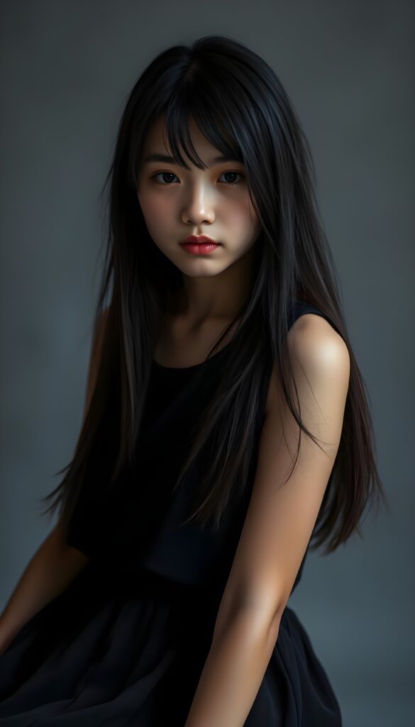 (upper body shot, seated) show me a innocent young girl, dark dressed, straight silky open fine hair, grey photo studio background. View from the front.