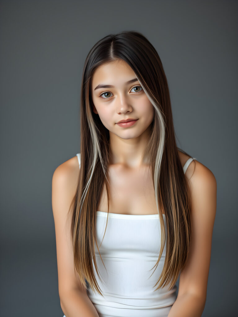 (upper body shot, seated) a young adult girl with straight, silky brown hair with white highlights, same length right and left, the hair falls elegant over her body, in a photo studio, her gentle expression conveying innocence. She is dressed in a white, tight-fitting camisole that accentuates her perfect feminine body and that contrasts beautifully with the grey backdrop. Soft, diffused lighting highlights her features, creating a serene and timeless atmosphere. The studio's minimalist background ensures that the focus remains on her, enhancing the image's purity and tranquility