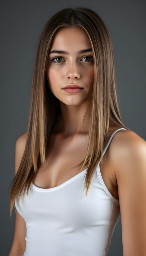 (upper body shot) a young adult well busty girl with straight, silky brown hair with white highlights, same length right and left, the hair falls elegant over her body, in a photo studio, her gentle expression conveying innocence. She is dressed in a white, tight-fitting camisole, deep neck that accentuates her perfect feminine body and that contrasts beautifully with the grey backdrop. Soft, diffused lighting highlights her features, creating a serene and timeless atmosphere. The studio's minimalist background ensures that the focus remains on her, enhancing the image's purity and tranquility