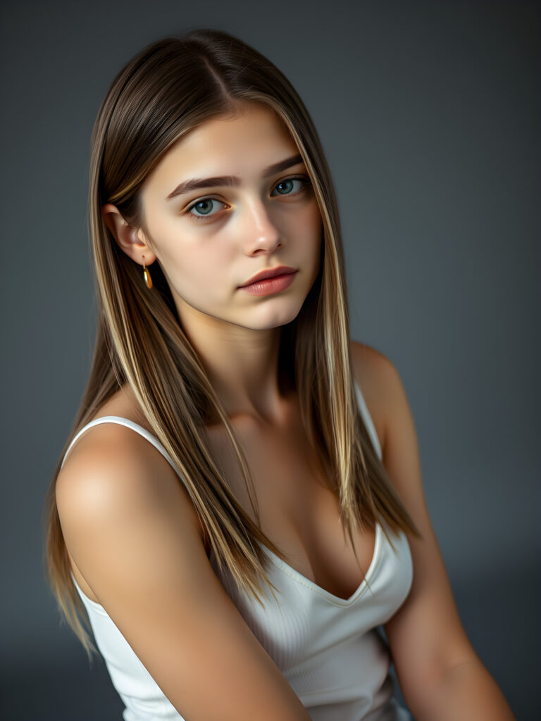 (upper body shot, seated) a young adult girl with straight, silky brown hair with white highlights, same length right and left, the hair falls elegant over her body, in a photo studio, her gentle expression conveying innocence. She is dressed in a white, tight-fitting camisole deep v-neck, that accentuates her perfect feminine body and that contrasts beautifully with the grey backdrop. Soft, diffused lighting highlights her features, creating a serene and timeless atmosphere. The studio's minimalist background ensures that the focus remains on her, enhancing the image's purity and tranquility