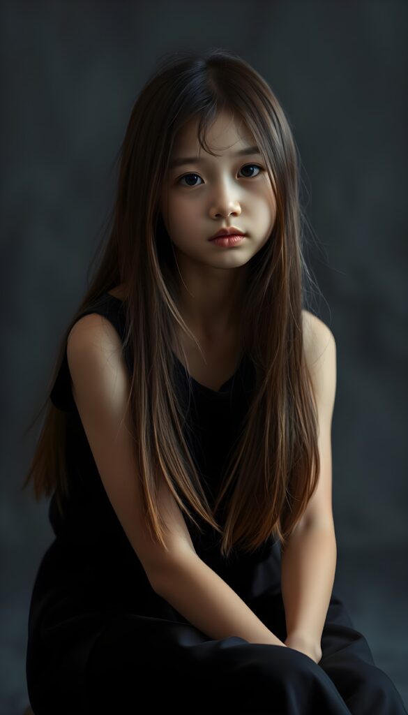 (upper body shot, seated) show me a innocent young girl, dark dressed, straight silky open fine hair, grey photo studio background. View from the front.