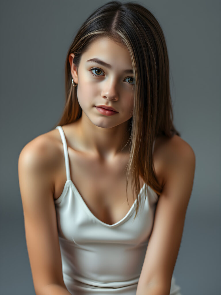 (upper body shot, seated) a young adult girl with straight, silky brown hair with white highlights, same length right and left, the hair falls elegant over her body, in a photo studio, her gentle expression conveying innocence. She is dressed in a white, tight-fitting camisole deep v-neck, that accentuates her perfect feminine body and that contrasts beautifully with the grey backdrop. Soft, diffused lighting highlights her features, creating a serene and timeless atmosphere. The studio's minimalist background ensures that the focus remains on her, enhancing the image's purity and tranquility