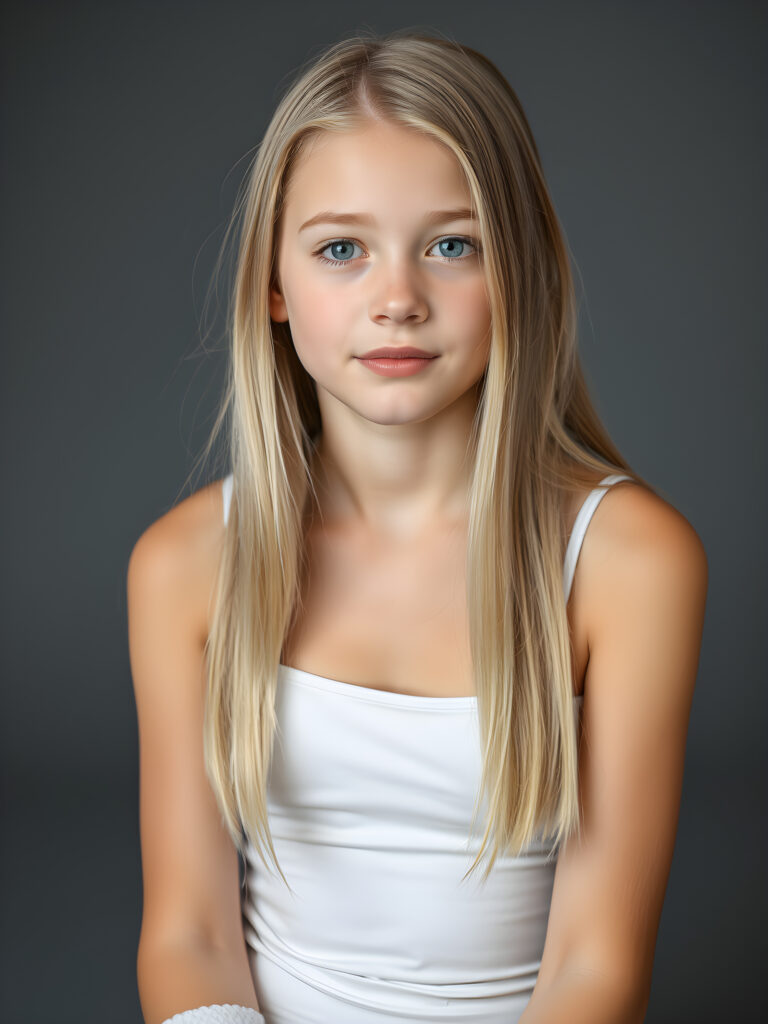 (upper body shot, seated) a young adult girl with straight, silky golden hair in a photo studio, her gentle expression conveying innocence. She is dressed in a white, tight-fitting camisole that accentuates her perfect feminine body and that contrasts beautifully with the grey backdrop. Soft, diffused lighting highlights her features, creating a serene and timeless atmosphere. The studio's minimalist background ensures that the focus remains on her, enhancing the image's purity and tranquility