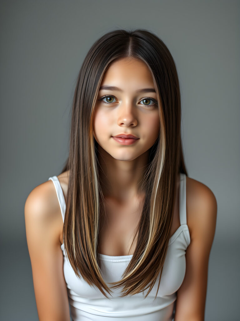 (upper body shot, seated) a young adult girl with straight, silky brown hair with white highlights, same length right and left, the hair falls elegant over her body, in a photo studio, her gentle expression conveying innocence. She is dressed in a white, tight-fitting camisole that accentuates her perfect feminine body and that contrasts beautifully with the grey backdrop. Soft, diffused lighting highlights her features, creating a serene and timeless atmosphere. The studio's minimalist background ensures that the focus remains on her, enhancing the image's purity and tranquility