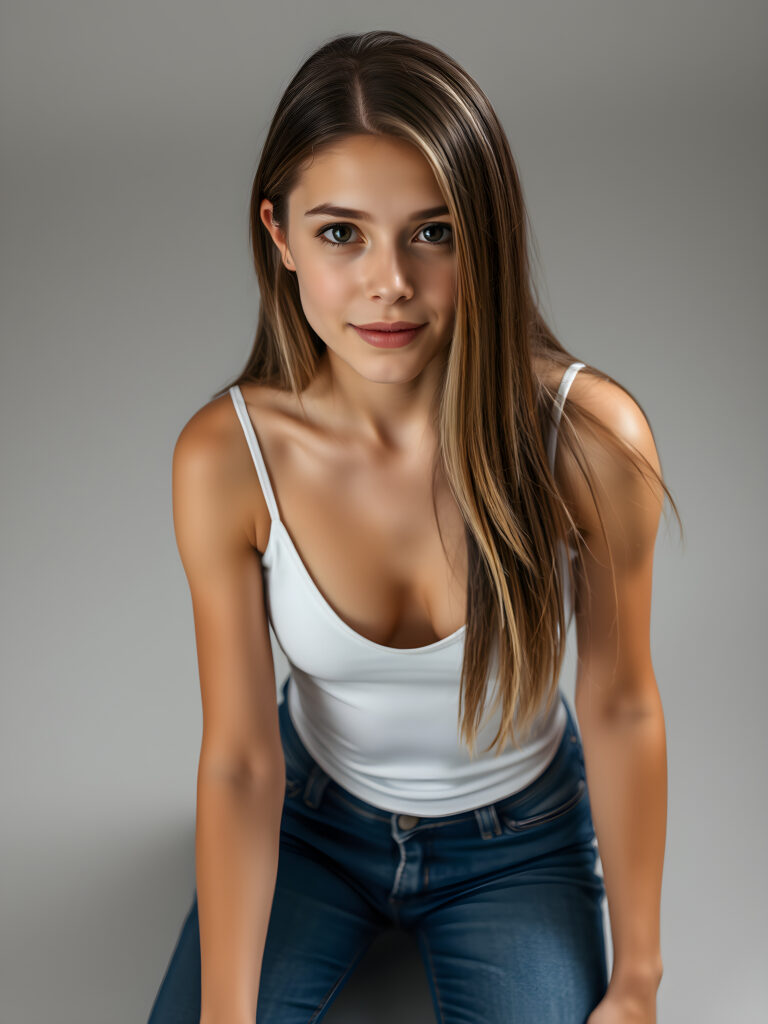 (upper body shot, seated) a young adult girl with straight, silky brown hair with white highlights, same length right and left, the hair falls elegant over her body, in a photo studio, her gentle expression conveying innocence. She is dressed in a white, tight-fitting camisole deep v-neck and wide open front that accentuates her perfect feminine body and that contrasts beautifully with the grey backdrop. She wears blue jeans pants. Soft, diffused lighting highlights her features, creating a serene and timeless atmosphere. The studio's minimalist background ensures that the focus remains on her, enhancing the image's purity and tranquility, view from above