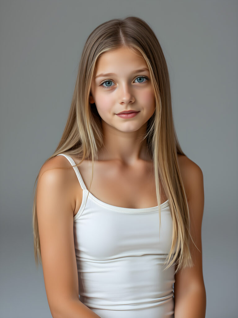 (upper body shot, seated) a young adult girl with straight, silky golden hair in a photo studio, her gentle expression conveying innocence. She is dressed in a white, tight-fitting camisole that accentuates her perfect feminine body and that contrasts beautifully with the grey backdrop. Soft, diffused lighting highlights her features, creating a serene and timeless atmosphere. The studio's minimalist background ensures that the focus remains on her, enhancing the image's purity and tranquility