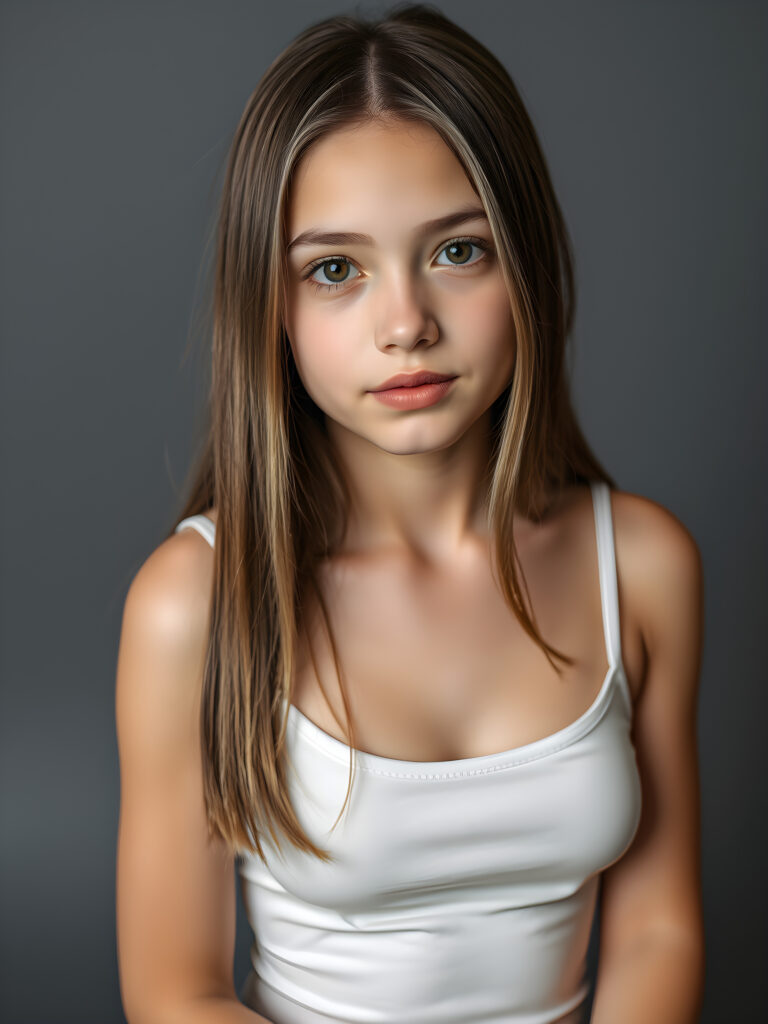 (upper body shot, seated) a young adult girl with straight, silky brown hair with white highlights, same length right and left, the hair falls elegant over her body, in a photo studio, her gentle expression conveying innocence. She is dressed in a white, tight-fitting camisole that accentuates her perfect feminine body and that contrasts beautifully with the grey backdrop. Soft, diffused lighting highlights her features, creating a serene and timeless atmosphere. The studio's minimalist background ensures that the focus remains on her, enhancing the image's purity and tranquility