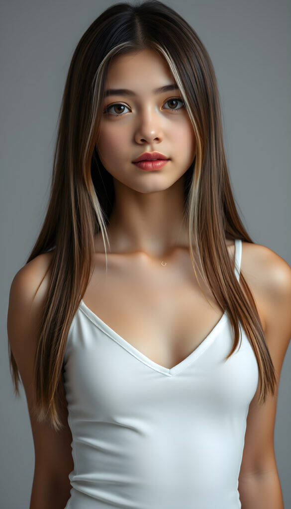 (upper body shot, seated) a young adult girl with straight, silky brown hair with white highlights, same length right and left, the hair falls elegant over her body, in a photo studio, her gentle expression conveying innocence. She is dressed in a white, tight-fitting camisole deep v-neck, that accentuates her perfect feminine body and that contrasts beautifully with the grey backdrop. Soft, diffused lighting highlights her features, creating a serene and timeless atmosphere. The studio's minimalist background ensures that the focus remains on her, enhancing the image's purity and tranquility