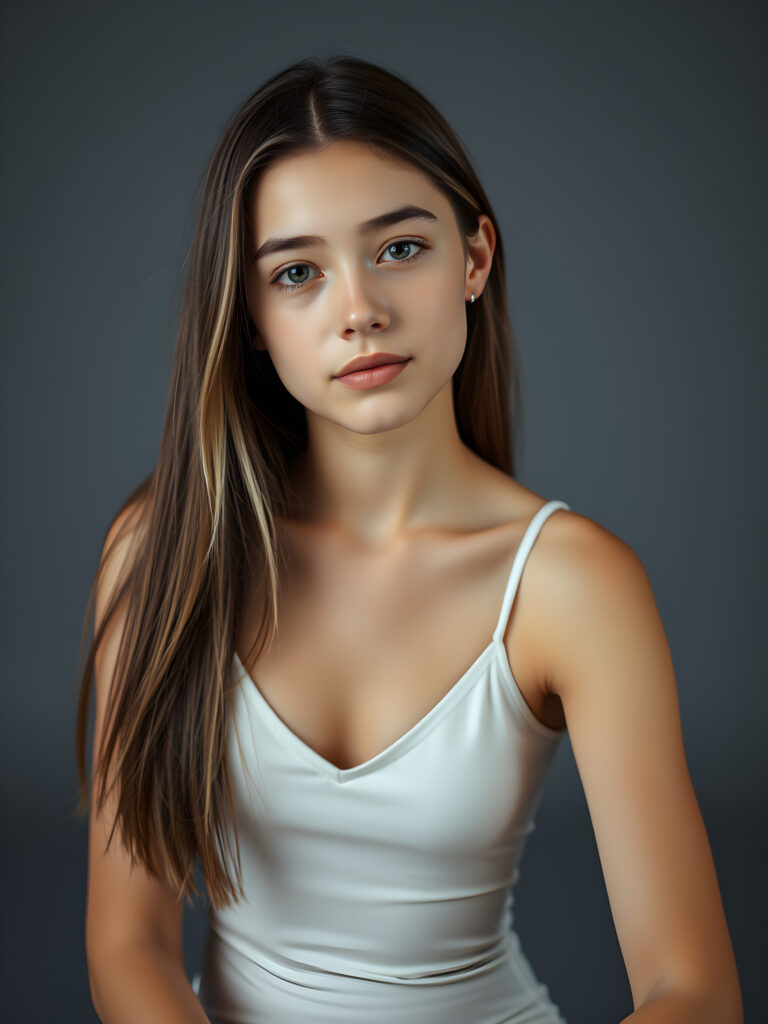 (upper body shot, seated) a young adult girl with straight, silky brown hair with white highlights, same length right and left, the hair falls elegant over her body, in a photo studio, her gentle expression conveying innocence. She is dressed in a white, tight-fitting camisole deep v-neck, that accentuates her perfect feminine body and that contrasts beautifully with the grey backdrop. Soft, diffused lighting highlights her features, creating a serene and timeless atmosphere. The studio's minimalist background ensures that the focus remains on her, enhancing the image's purity and tranquility